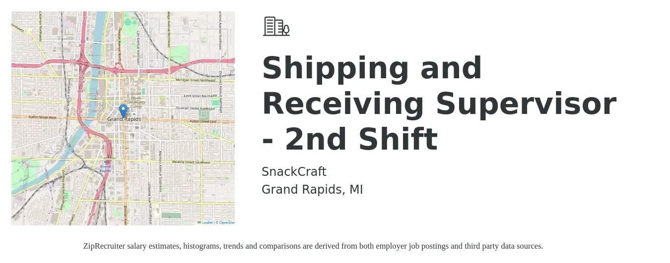 SnackCraft job posting for a Shipping and Receiving Supervisor - 2nd Shift in Grand Rapids, MI with a salary of $20 to $29 Hourly with a map of Grand Rapids location.