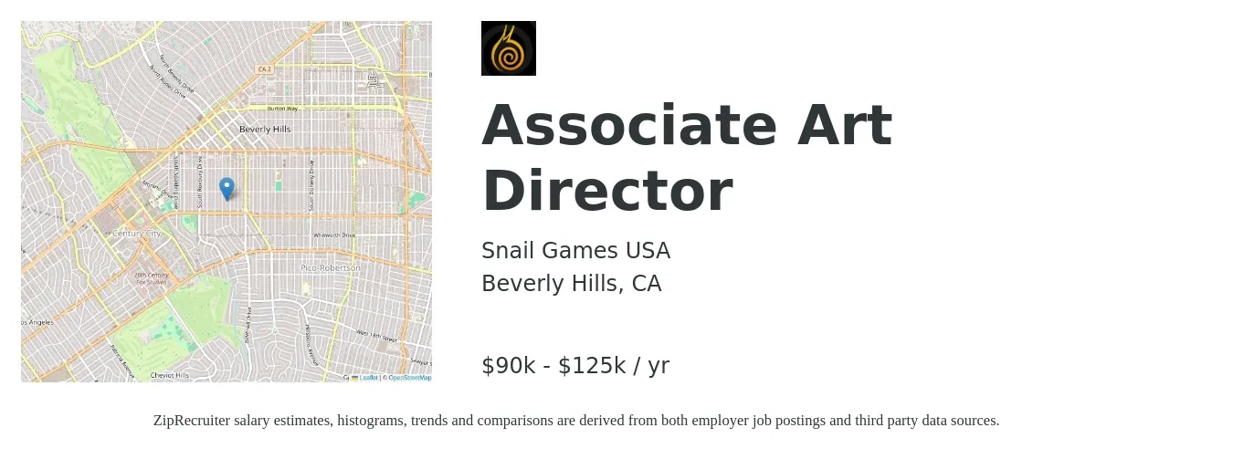 Snail Games USA job posting for a Associate Art Director in Beverly Hills, CA with a salary of $90,000 to $125,000 Yearly with a map of Beverly Hills location.