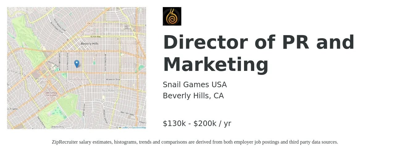 Snail Games USA job posting for a Director of PR and Marketing in Beverly Hills, CA with a salary of $130,000 to $200,000 Yearly with a map of Beverly Hills location.