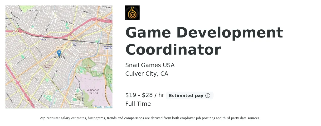 Snail Games USA job posting for a Game Development Coordinator in Culver City, CA with a salary of $20 to $30 Hourly with a map of Culver City location.
