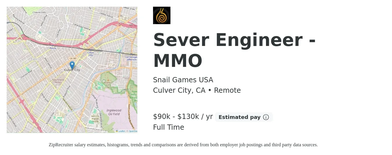 Snail Games USA job posting for a Sever Engineer - MMO in Culver City, CA with a salary of $90,000 to $130,000 Yearly with a map of Culver City location.