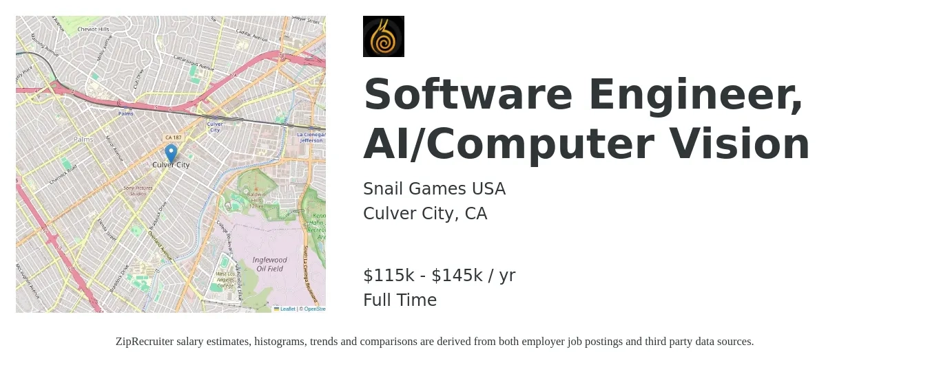Snail Games USA job posting for a Software Engineer, AI/Computer Vision in Culver City, CA with a salary of $115,000 to $145,000 Yearly with a map of Culver City location.
