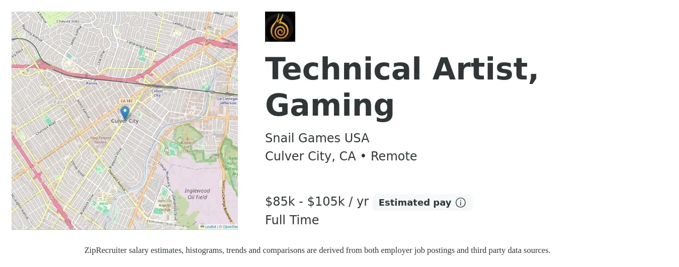 Snail Games USA job posting for a Technical Artist, Gaming in Culver City, CA with a salary of $85,000 to $105,000 Yearly with a map of Culver City location.