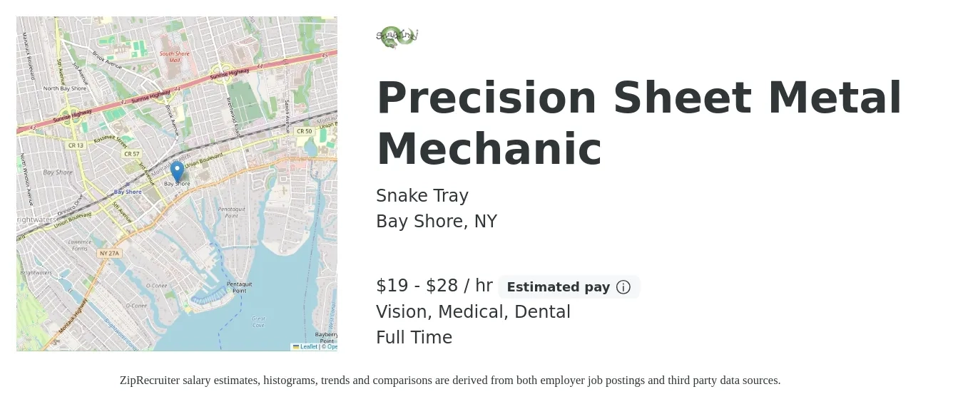 Snake Tray job posting for a Precision Sheet Metal Mechanic in Bay Shore, NY with a salary of $20 to $30 Hourly and benefits including retirement, vision, dental, and medical with a map of Bay Shore location.