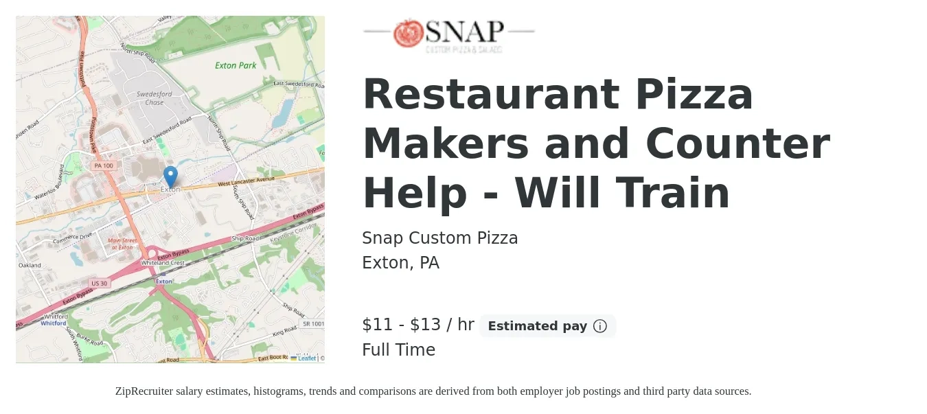 Snap Custom Pizza job posting for a Restaurant Pizza Makers and Counter Help - Will Train in Exton, PA with a salary of $12 to $14 Hourly with a map of Exton location.