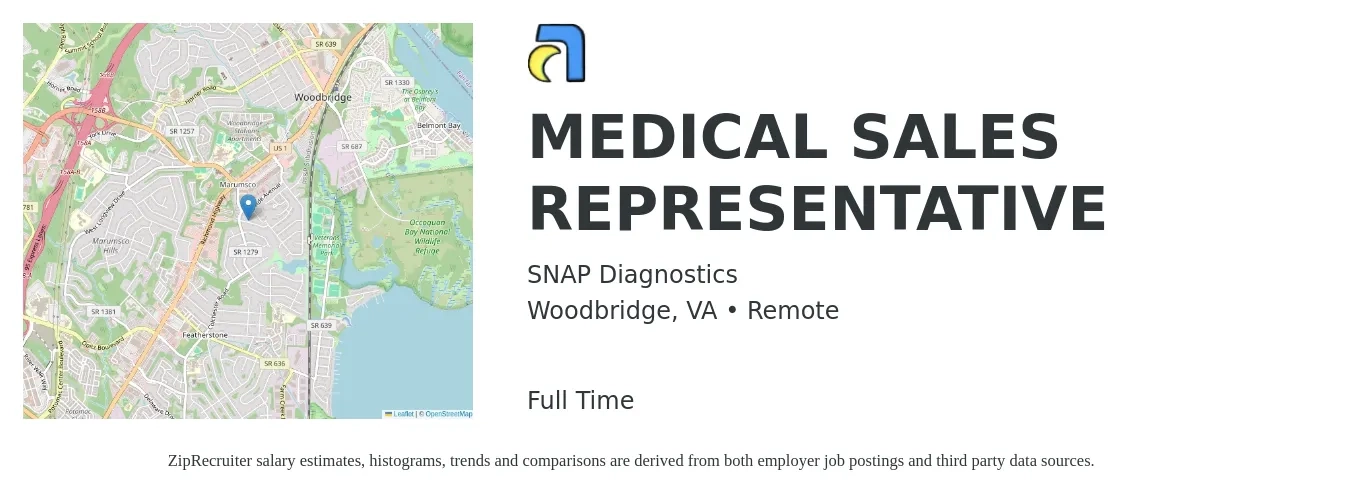 SNAP Diagnostics job posting for a MEDICAL SALES REPRESENTATIVE in Woodbridge, VA with a salary of $54,400 to $103,400 Yearly with a map of Woodbridge location.