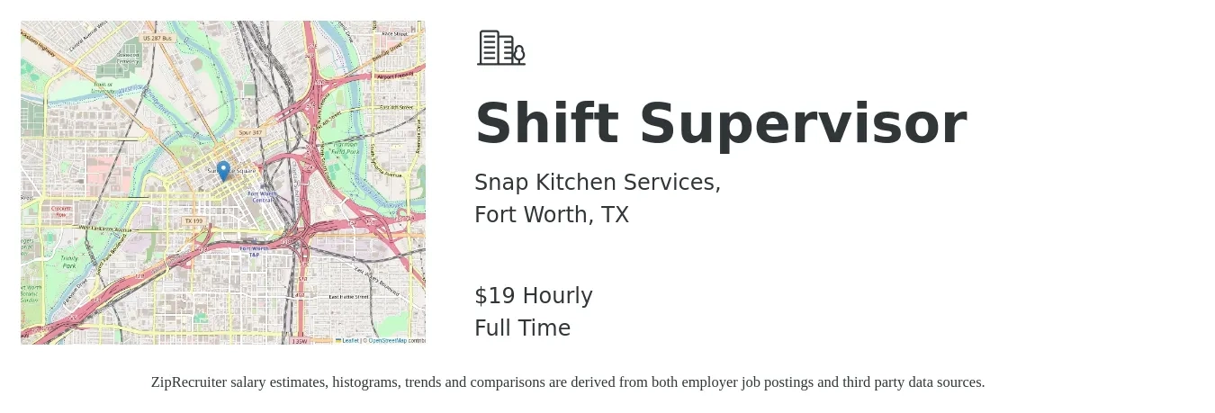 Snap Kitchen Services, job posting for a Shift Supervisor in Fort Worth, TX with a salary of $20 Hourly with a map of Fort Worth location.