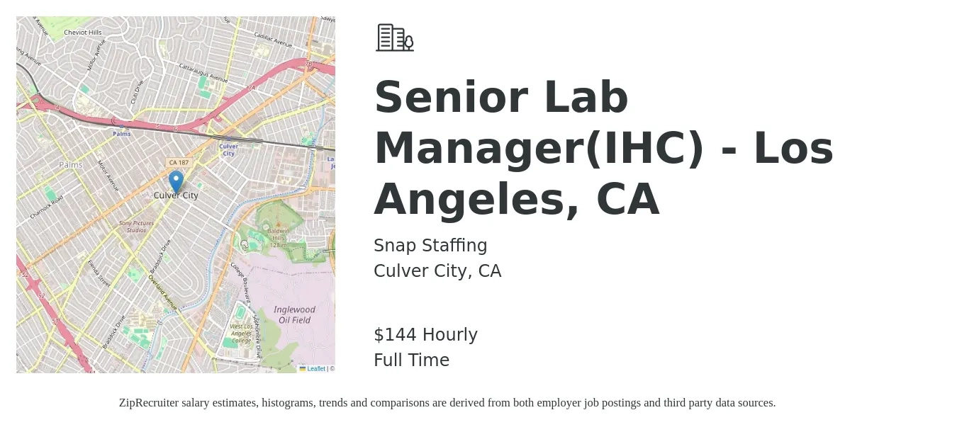 Snap Staffing job posting for a Senior Lab Manager(IHC) - Los Angeles, CA in Culver City, CA with a salary of $150 Hourly with a map of Culver City location.