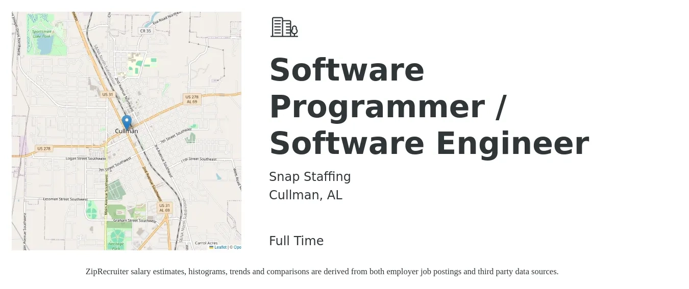Snap Staffing job posting for a Software Programmer / Software Engineer in Cullman, AL with a salary of $80 Daily with a map of Cullman location.