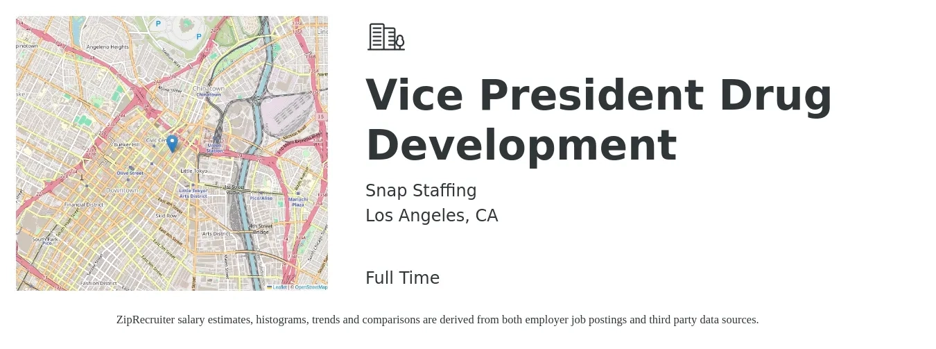 Snap Staffing job posting for a Vice President Drug Development in Los Angeles, CA with a salary of $123,900 to $189,100 Yearly with a map of Los Angeles location.