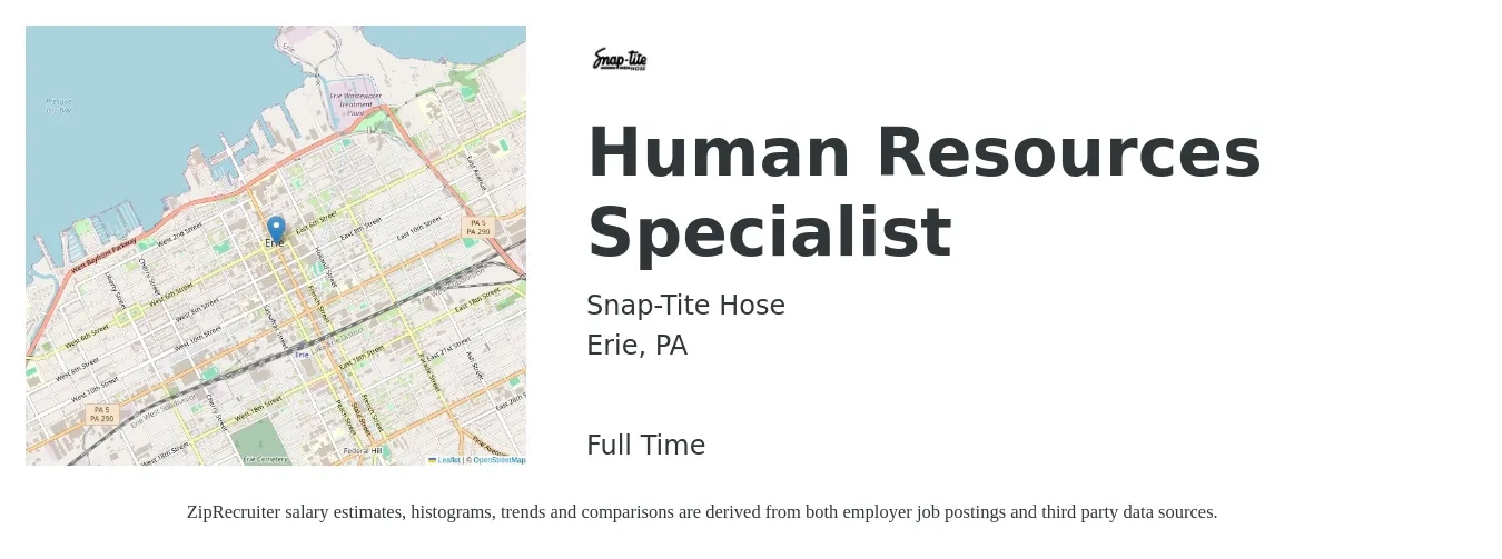 Snap-Tite Hose job posting for a Human Resources Specialist in Erie, PA with a salary of $26 to $28 Hourly with a map of Erie location.