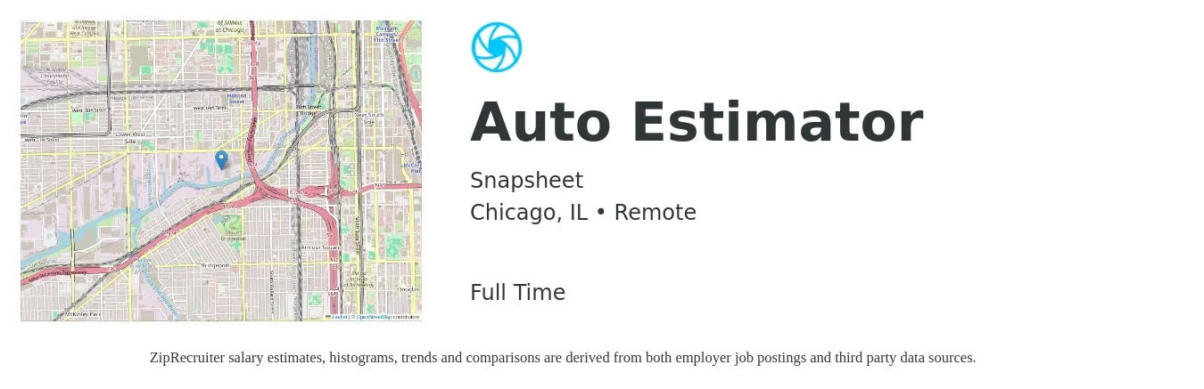 Snapsheet job posting for a Auto Estimator in Chicago, IL with a salary of $52,100 to $101,000 Yearly with a map of Chicago location.