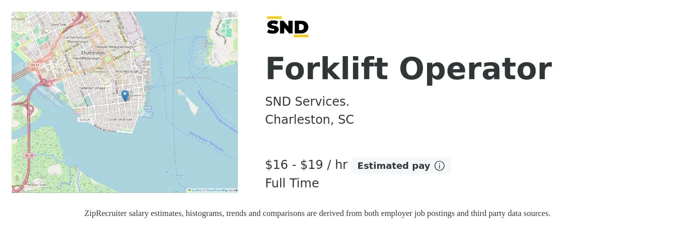 SND Services. job posting for a Forklift Operator in Charleston, SC with a salary of $17 to $20 Hourly with a map of Charleston location.