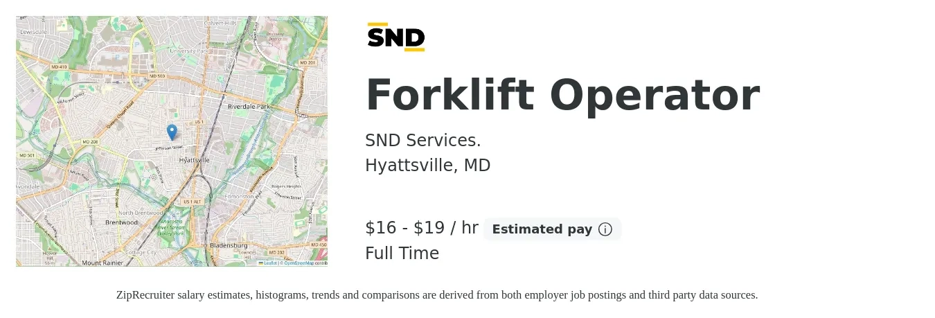 SND Services. job posting for a Forklift Operator in Hyattsville, MD with a salary of $17 to $20 Hourly with a map of Hyattsville location.