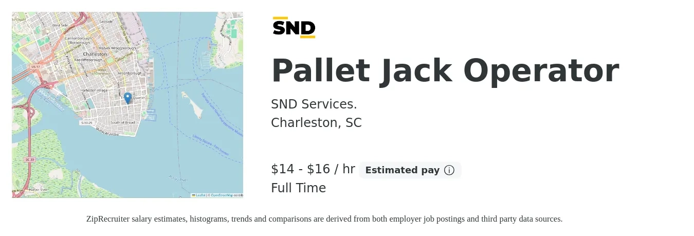 SND Services. job posting for a Pallet Jack Operator in Charleston, SC with a salary of $15 to $17 Hourly with a map of Charleston location.