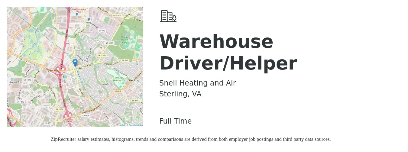 Snell Heating and Air job posting for a Warehouse Driver/Helper in Sterling, VA with a salary of $17 to $21 Hourly with a map of Sterling location.