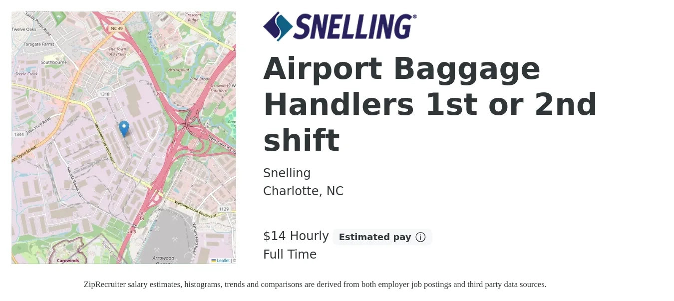 Snelling job posting for a Airport Baggage Handlers 1st or 2nd shift in Charlotte, NC with a salary of $15 Hourly with a map of Charlotte location.