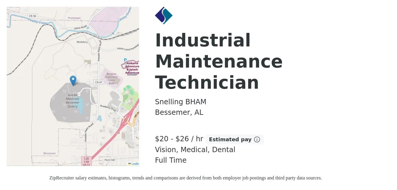 Snelling BHAM job posting for a Industrial Maintenance Technician in Bessemer, AL with a salary of $21 to $28 Hourly and benefits including vision, dental, life_insurance, and medical with a map of Bessemer location.