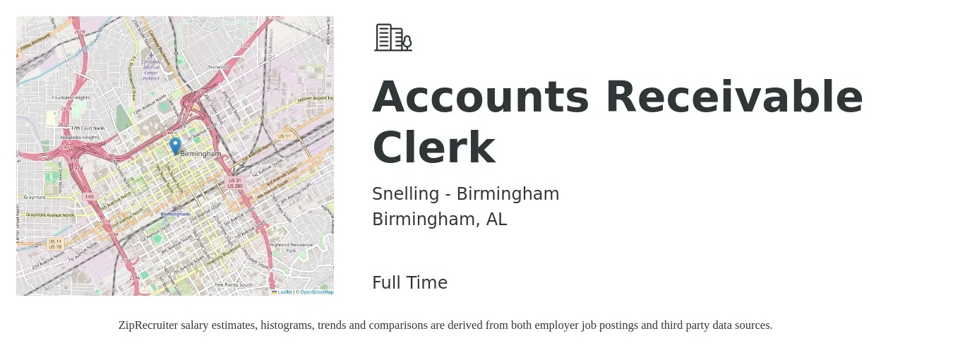 Snelling - Birmingham job posting for a Accounts Receivable Clerk in Birmingham, AL with a salary of $18 to $22 Hourly with a map of Birmingham location.