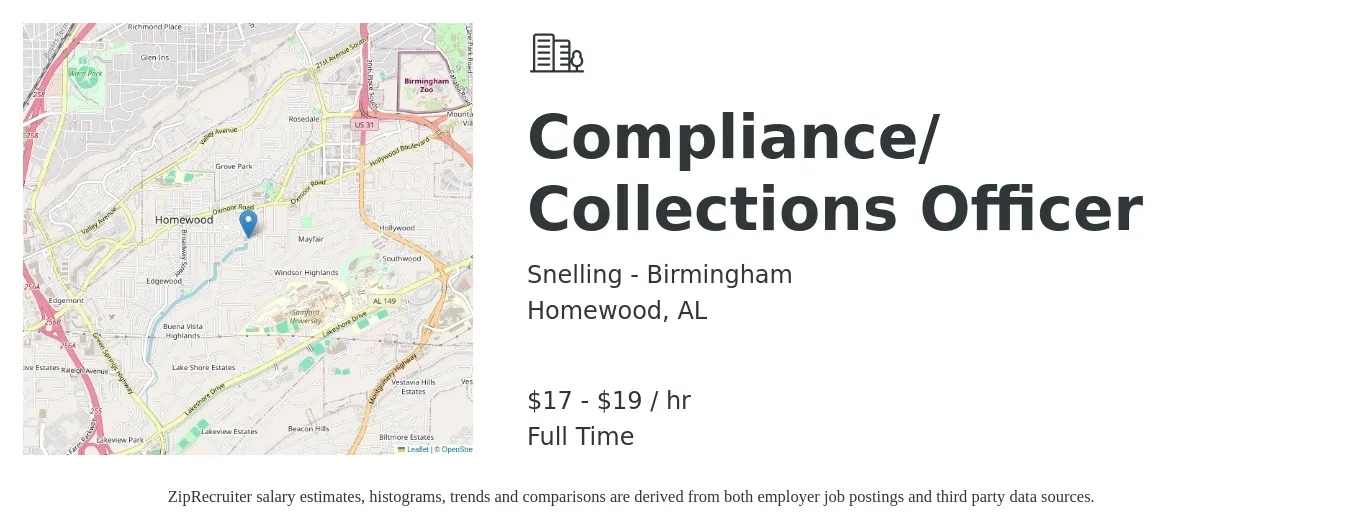 Snelling - Birmingham job posting for a Compliance/ Collections Officer in Homewood, AL with a salary of $18 to $20 Hourly with a map of Homewood location.