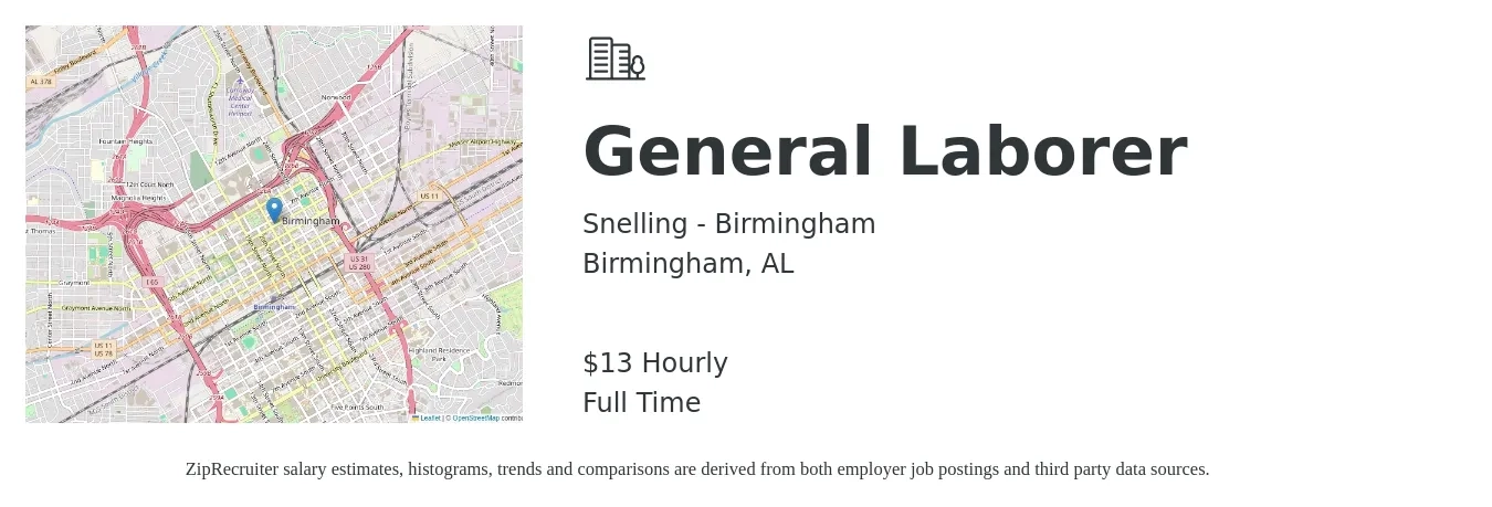 Snelling - Birmingham job posting for a General Laborer in Birmingham, AL with a salary of $14 Hourly with a map of Birmingham location.