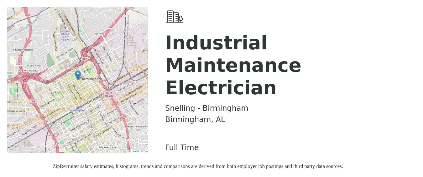 Snelling - Birmingham job posting for a Industrial Maintenance/Electrician in Birmingham, AL with a salary of $27 to $33 Hourly with a map of Birmingham location.
