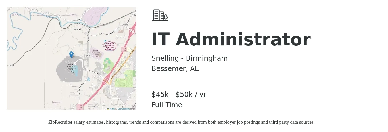 Snelling - Birmingham job posting for a IT Administrator in Bessemer, AL with a salary of $45,000 to $50,000 Yearly with a map of Bessemer location.