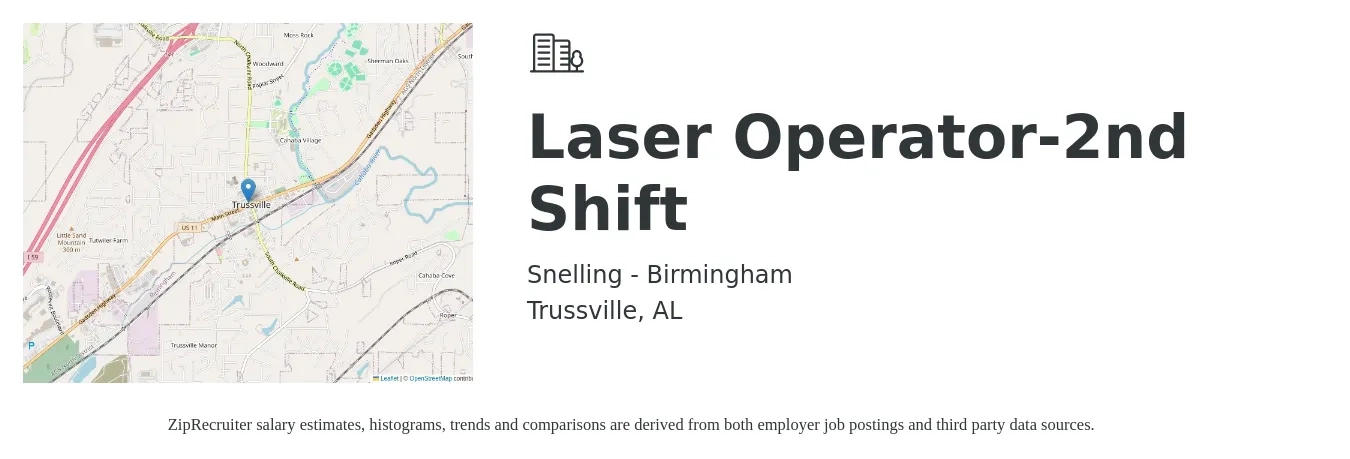 Snelling - Birmingham job posting for a Laser Operator-2nd Shift in Trussville, AL with a salary of $16 to $21 Hourly with a map of Trussville location.
