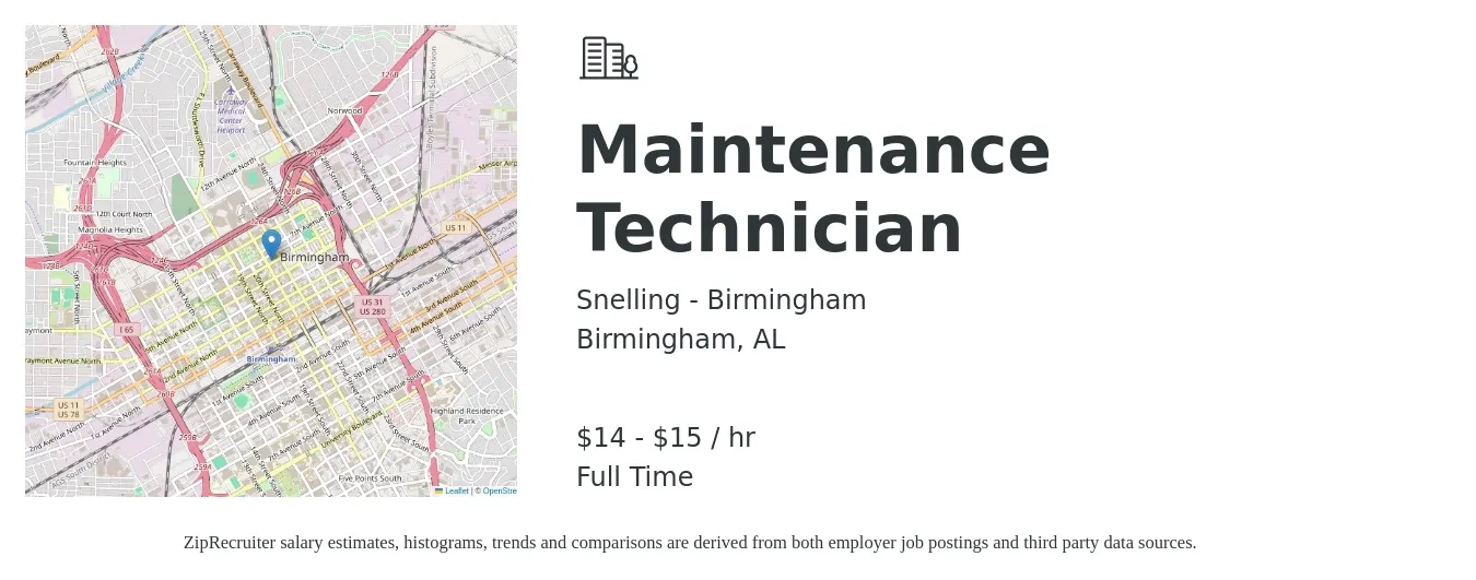 Snelling - Birmingham job posting for a Maintenance Technician in Birmingham, AL with a salary of $15 to $16 Hourly with a map of Birmingham location.