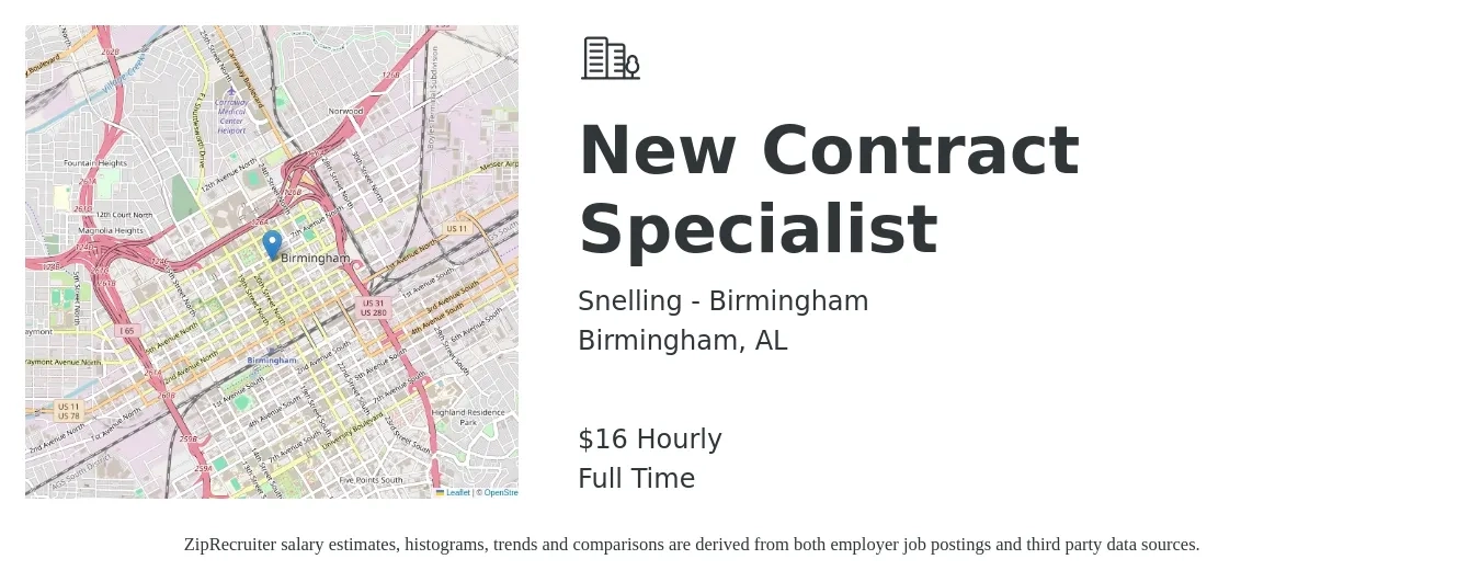 Snelling - Birmingham job posting for a New Contract Specialist in Birmingham, AL with a salary of $17 Hourly with a map of Birmingham location.