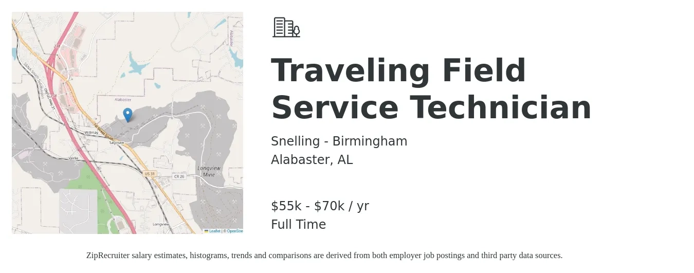Snelling - Birmingham job posting for a Traveling Field Service Technician in Alabaster, AL with a salary of $55,000 to $70,000 Yearly with a map of Alabaster location.