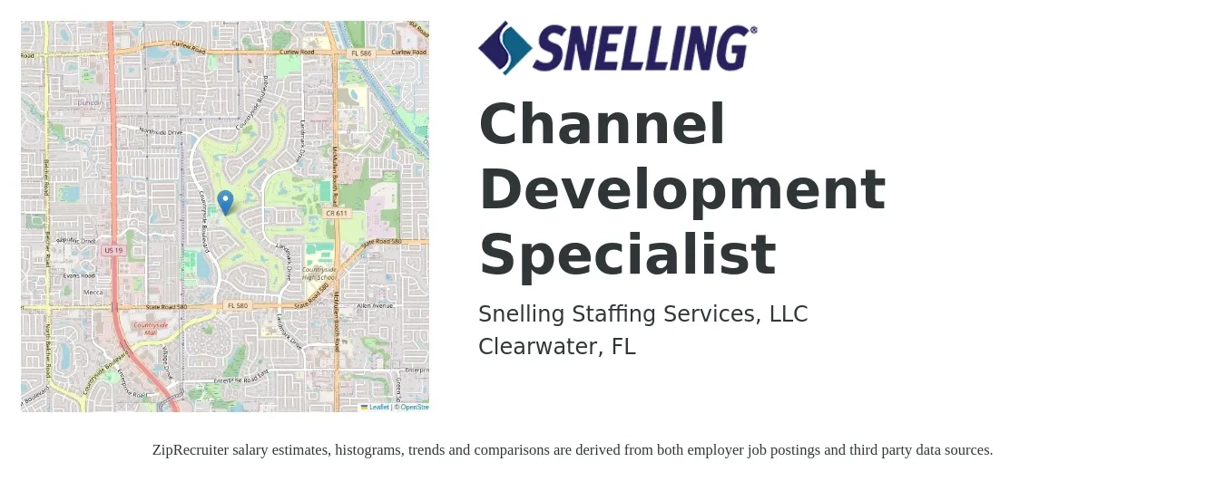 Snelling Staffing Services, LLC job posting for a Channel Development Specialist in Clearwater, FL with a salary of $59,900 to $73,700 Yearly with a map of Clearwater location.