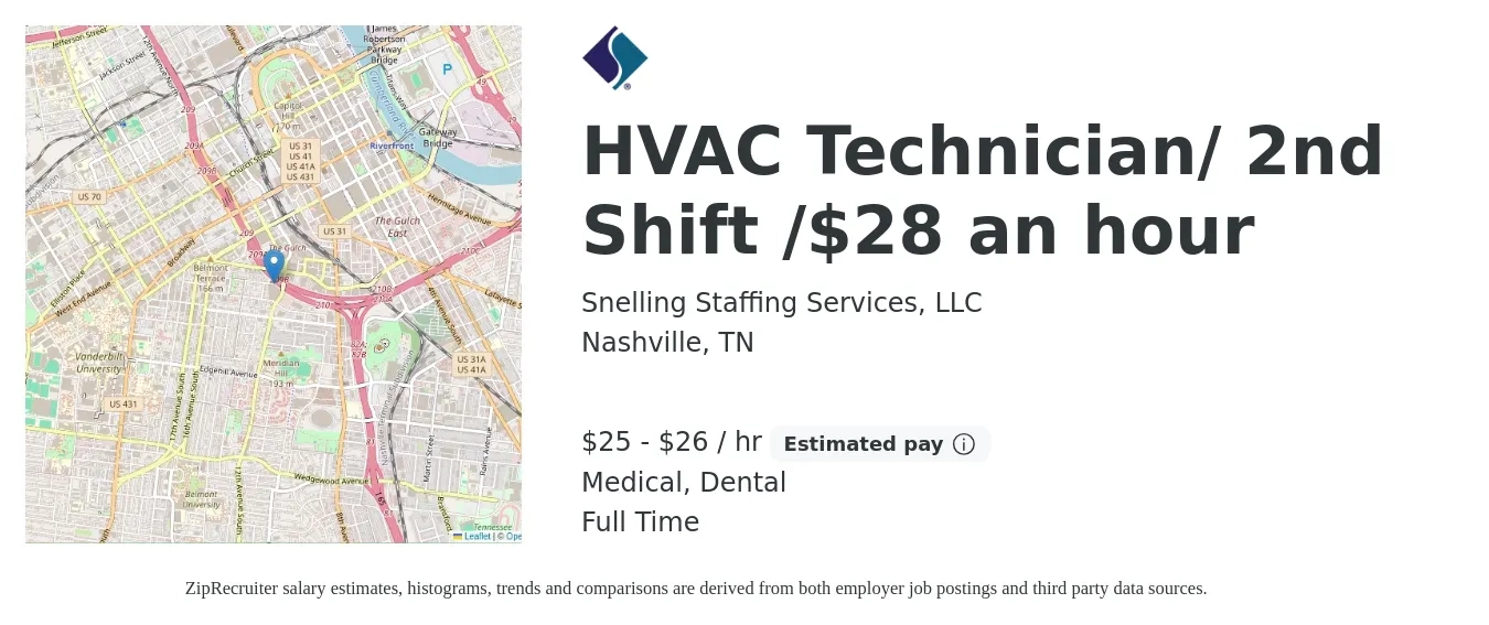 Snelling Staffing Services, LLC job posting for a HVAC Technician/ 2nd Shift /$28 an hour in Nashville, TN with a salary of $27 to $28 Hourly and benefits including dental, life_insurance, medical, and retirement with a map of Nashville location.