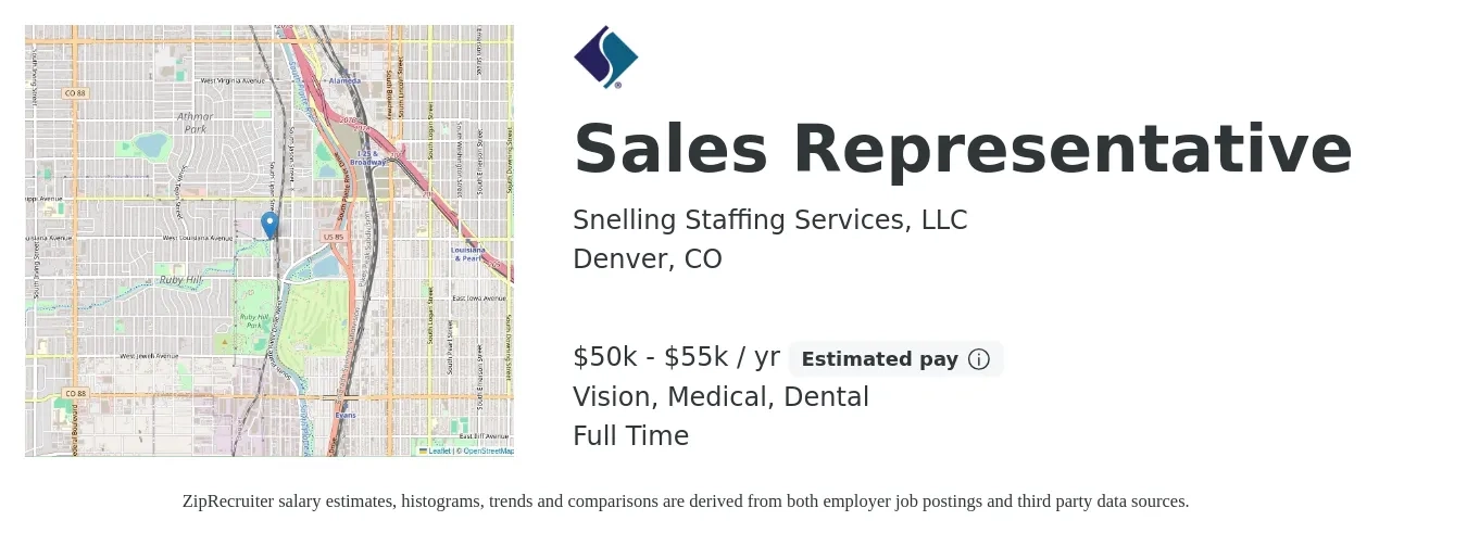 Snelling Staffing Services, LLC job posting for a Sales Representative in Denver, CO with a salary of $50,000 to $55,000 Yearly (plus commission) and benefits including pto, retirement, vision, dental, life_insurance, and medical with a map of Denver location.