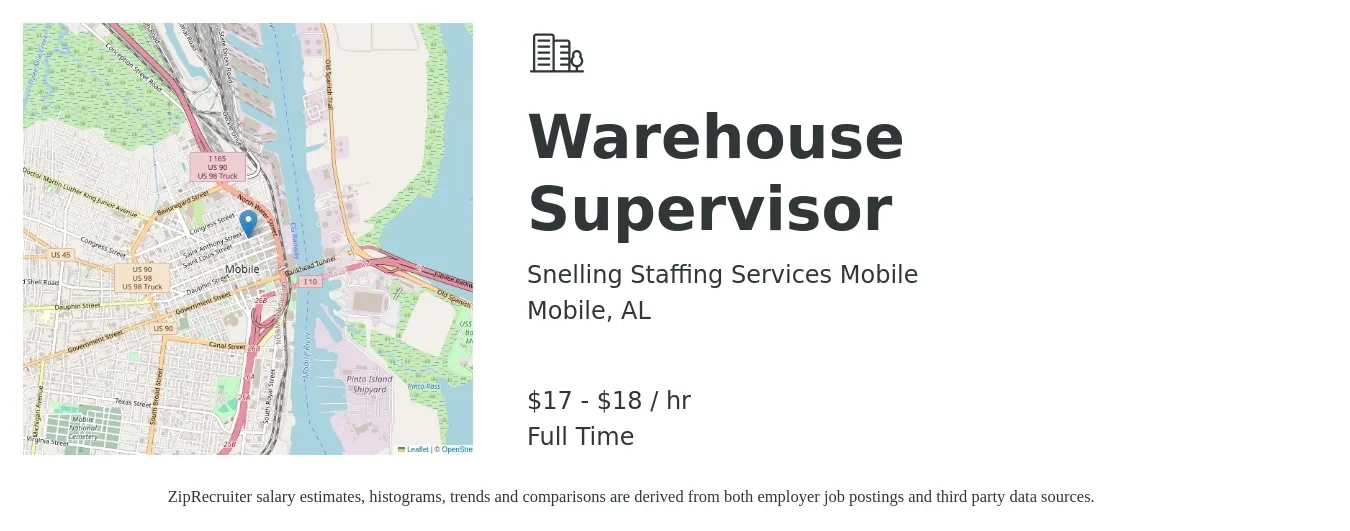 Snelling Staffing Services Mobile job posting for a Warehouse Supervisor in Mobile, AL with a salary of $18 to $19 Hourly with a map of Mobile location.