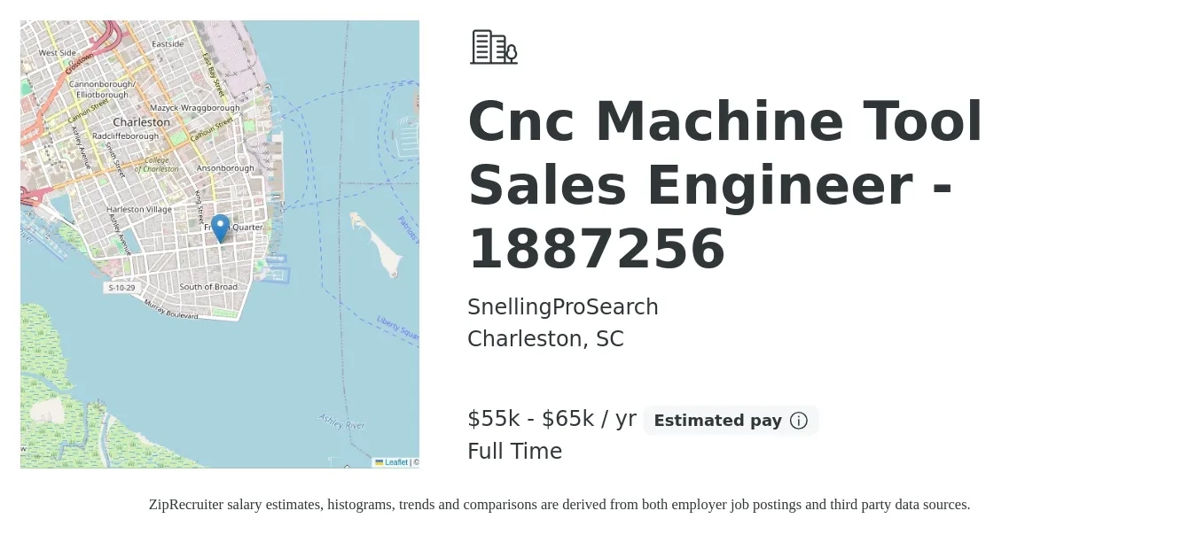 SnellingProSearch job posting for a Cnc Machine Tool Sales Engineer - 1887256 in Charleston, SC with a salary of $55,000 to $65,000 Yearly with a map of Charleston location.