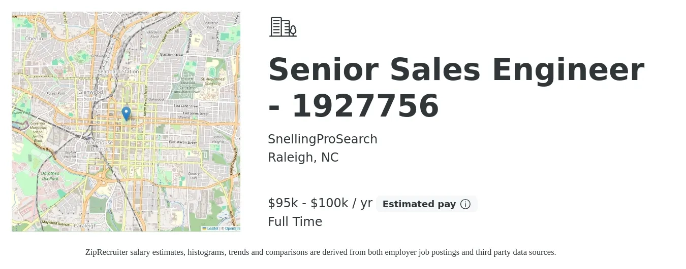 SnellingProSearch job posting for a Senior Sales Engineer - 1927756 in Raleigh, NC with a salary of $95,000 to $100,000 Yearly with a map of Raleigh location.