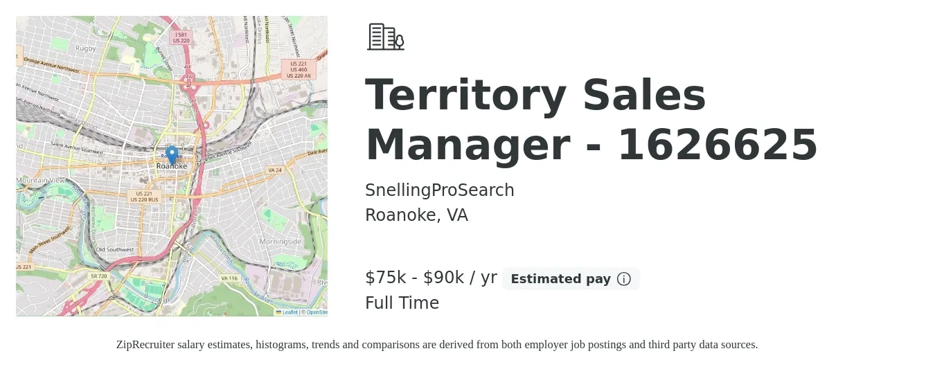 SnellingProSearch job posting for a Territory Sales Manager - 1626625 in Roanoke, VA with a salary of $75,000 to $90,000 Yearly with a map of Roanoke location.