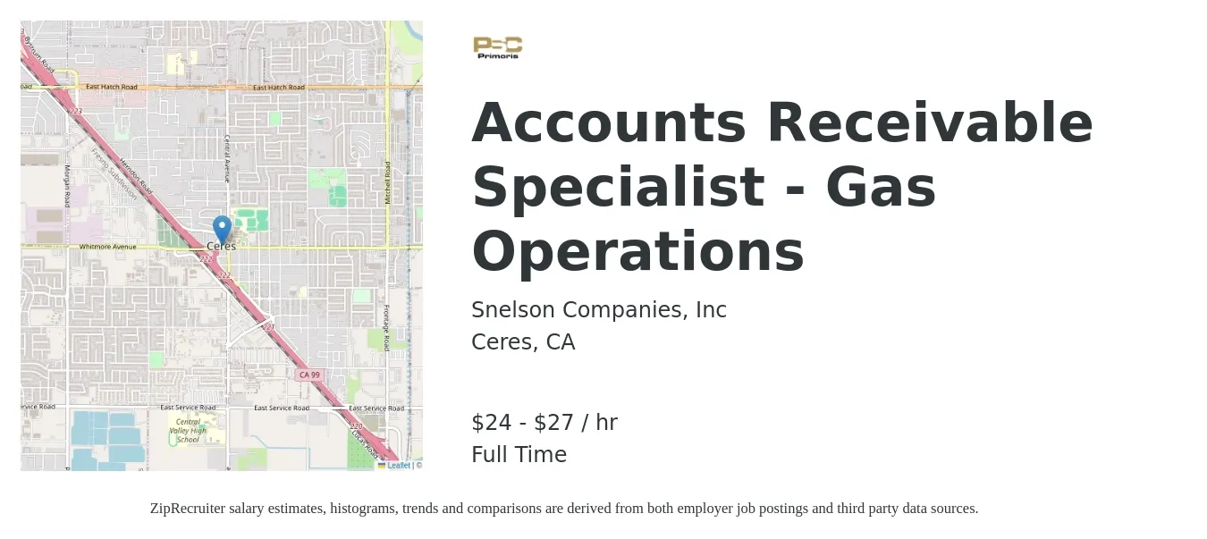Snelson Companies, Inc job posting for a Accounts Receivable Specialist - Gas Operations in Ceres, CA with a salary of $25 to $29 Hourly with a map of Ceres location.