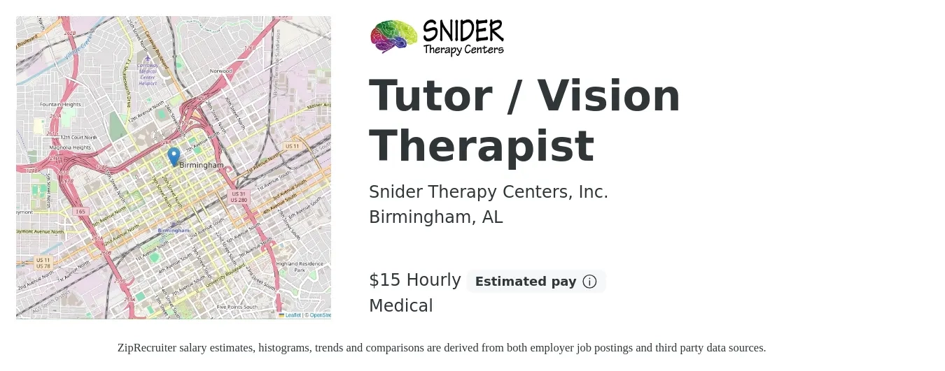 Snider Therapy Centers, Inc. job posting for a Tutor / Vision Therapist in Birmingham, AL with a salary of $16 Hourly and benefits including medical, and pto with a map of Birmingham location.