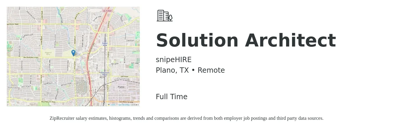 snipeHIRE job posting for a Solution Architect in Plano, TX with a salary of $60 to $80 Hourly with a map of Plano location.