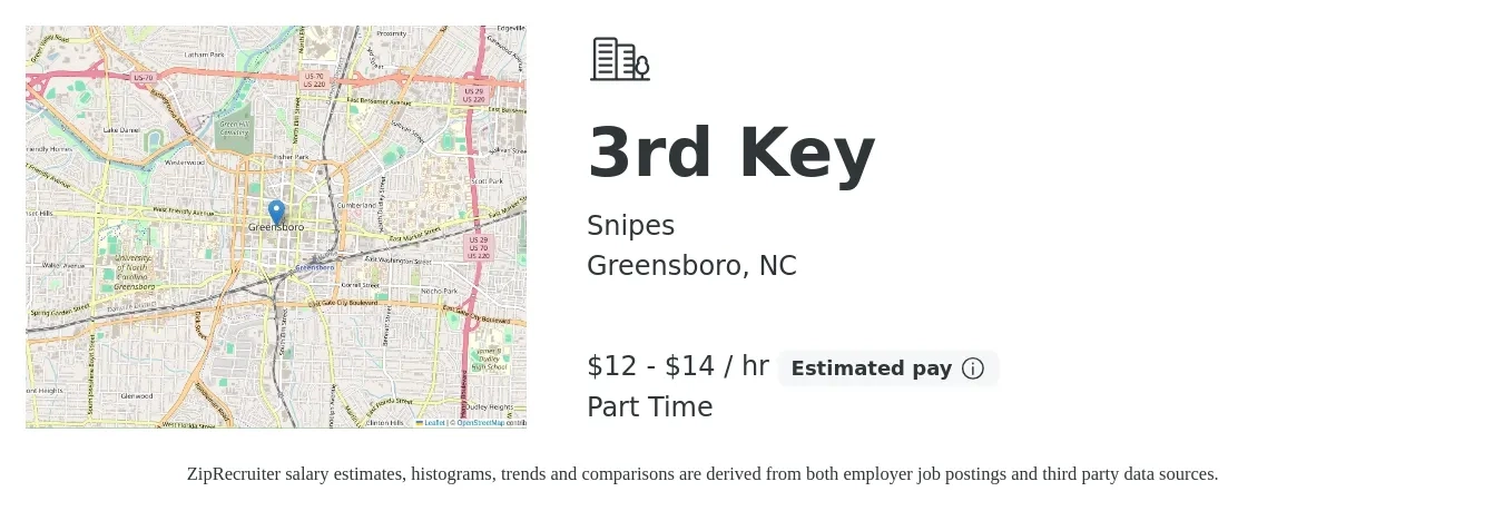Snipes job posting for a 3rd Key in Greensboro, NC with a salary of $13 to $15 Hourly with a map of Greensboro location.