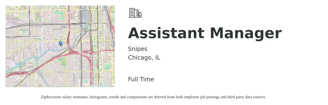 Snipes job posting for a Assistant Manager in Chicago, IL with a salary of $16 to $23 Hourly with a map of Chicago location.