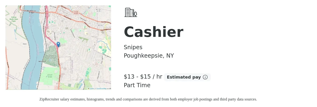 Snipes job posting for a Cashier in Poughkeepsie, NY with a salary of $14 to $16 Hourly with a map of Poughkeepsie location.