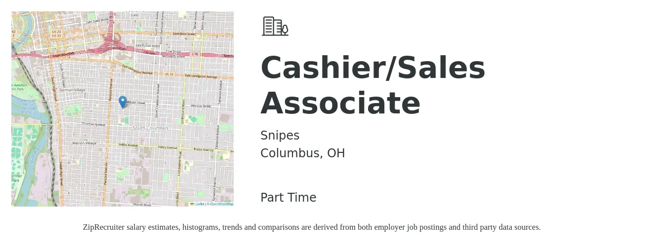 Snipes job posting for a Cashier/Sales Associate in Columbus, OH with a salary of $12 to $18 Hourly with a map of Columbus location.