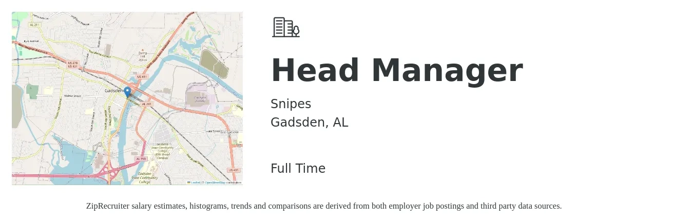 Snipes job posting for a Head Manager in Gadsden, AL with a salary of $35,400 to $57,800 Yearly with a map of Gadsden location.