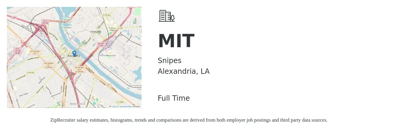 Snipes job posting for a MIT in Alexandria, LA with a salary of $16 to $23 Hourly with a map of Alexandria location.