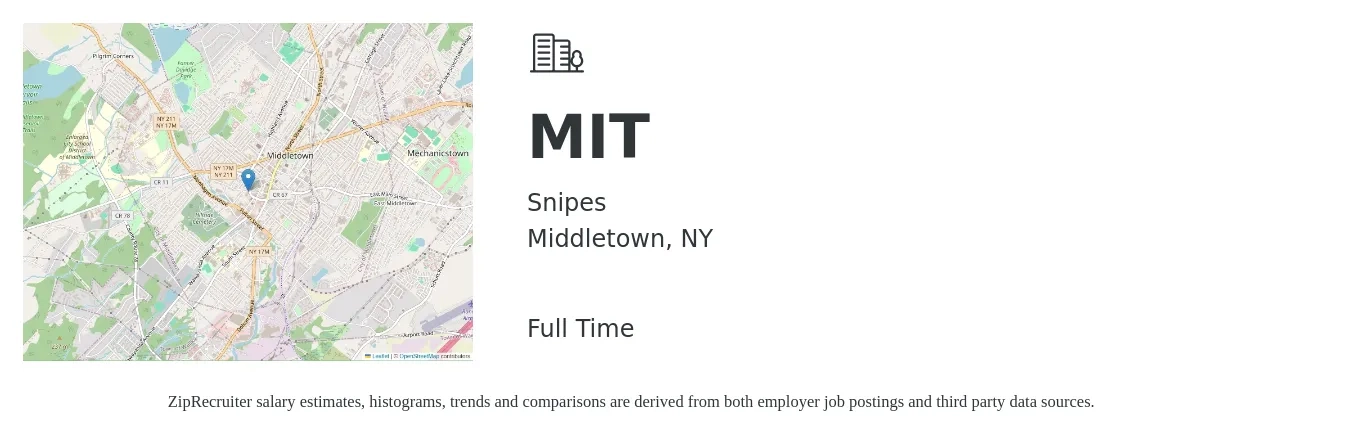 Snipes job posting for a MIT in Middletown, NY with a salary of $17 to $25 Hourly with a map of Middletown location.