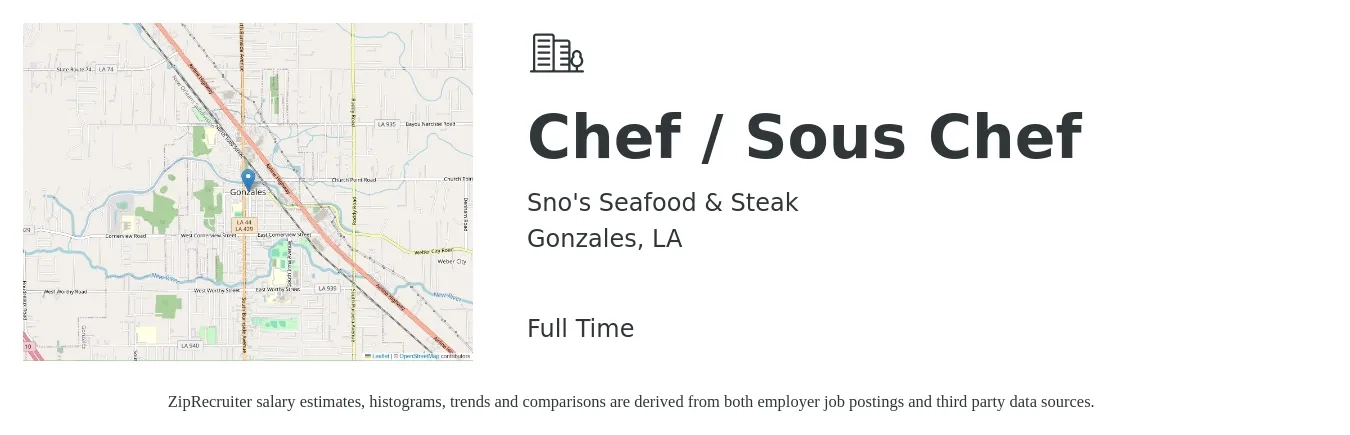 Sno's Seafood & Steak job posting for a Chef / Sous Chef in Gonzales, LA with a salary of $43,100 to $58,100 Yearly with a map of Gonzales location.