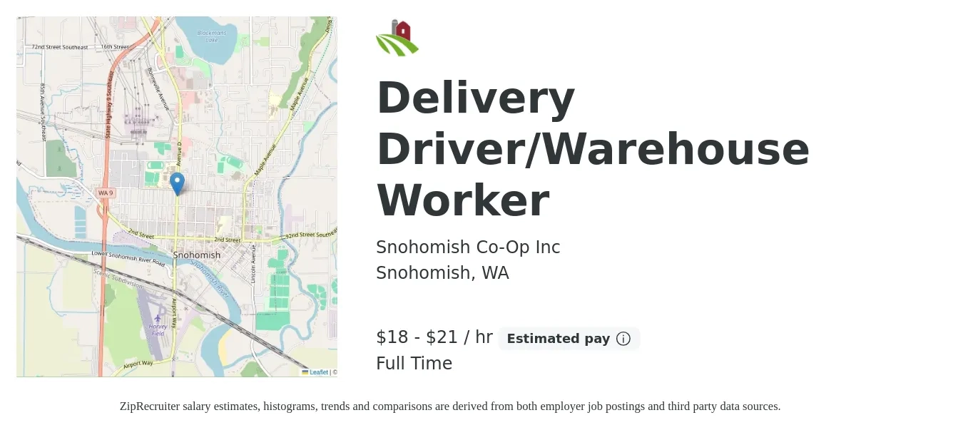 Snohomish Co-Op Inc job posting for a Delivery Driver/Warehouse Worker in Snohomish, WA with a salary of $19 to $22 Hourly with a map of Snohomish location.